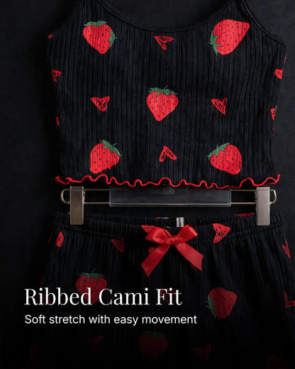 Black Strawberry Ribbed Night Suit