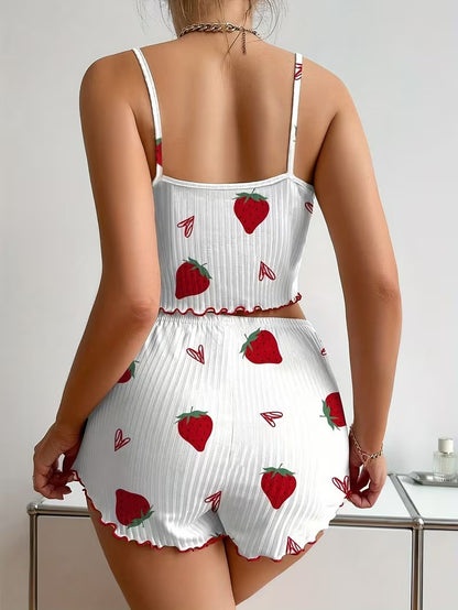 White Strawberry Ribbed Night Suit
