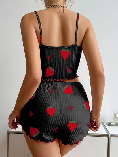 Black Strawberry Ribbed Night Suit