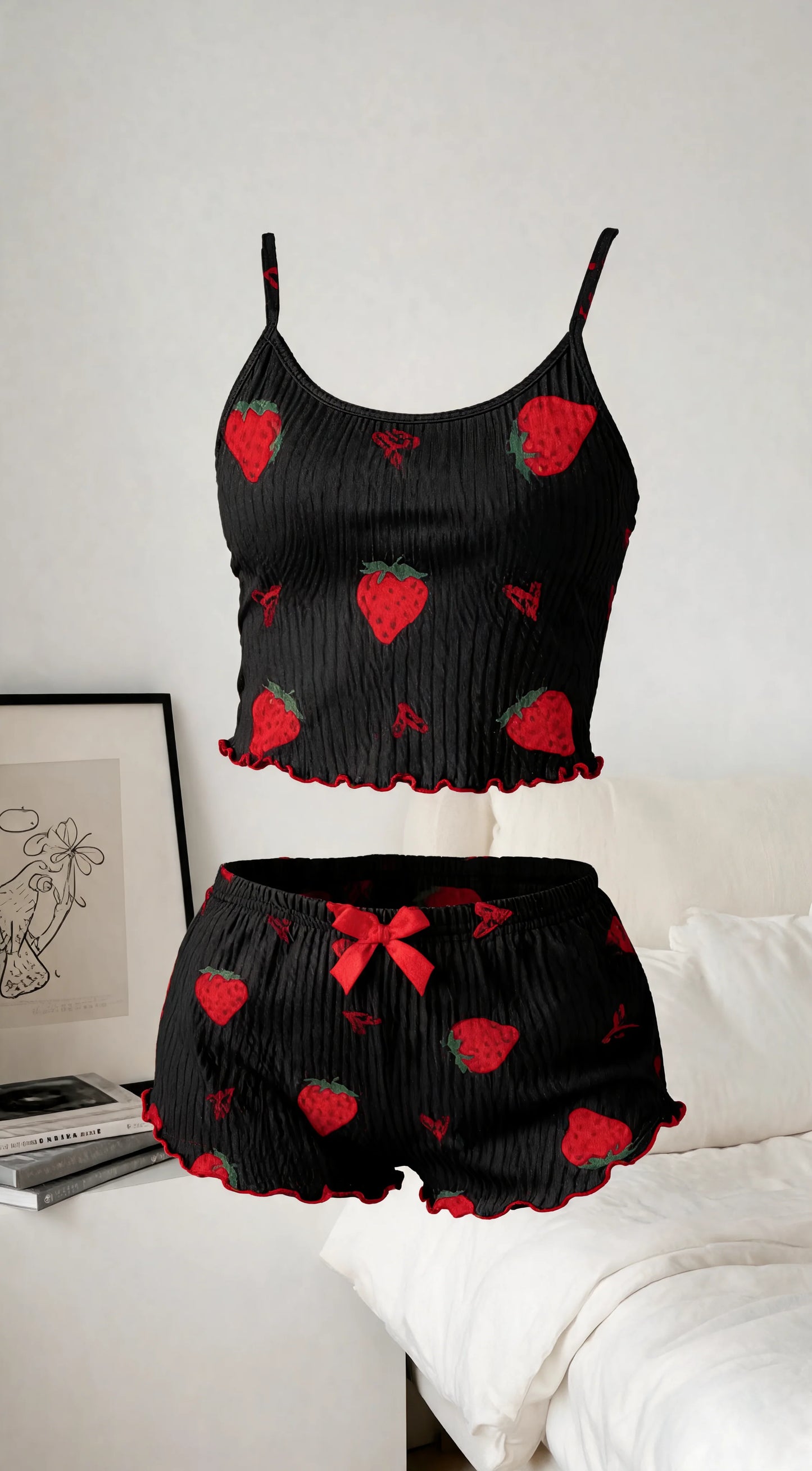 Black Strawberry Ribbed Night Suit