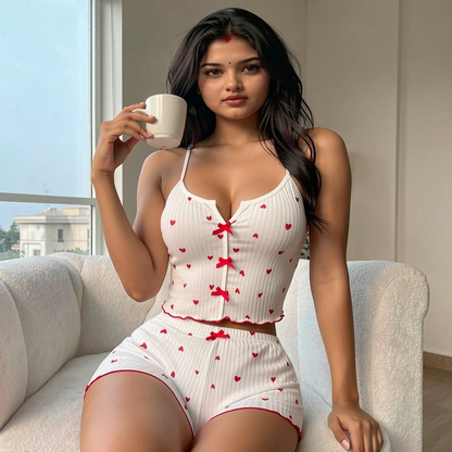 White Heart Shorts Co-Ord Set