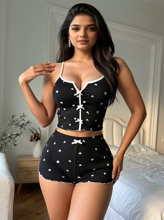 Black Heart Ribbed Short Set