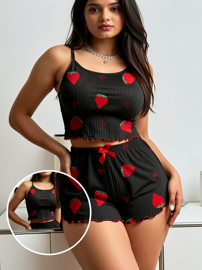 Black Strawberry Ribbed Night Suit