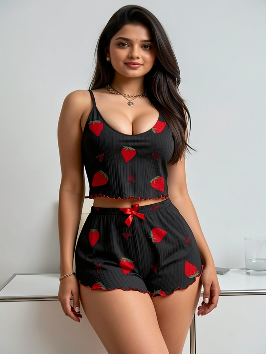 Black Strawberry Ribbed Night Suit