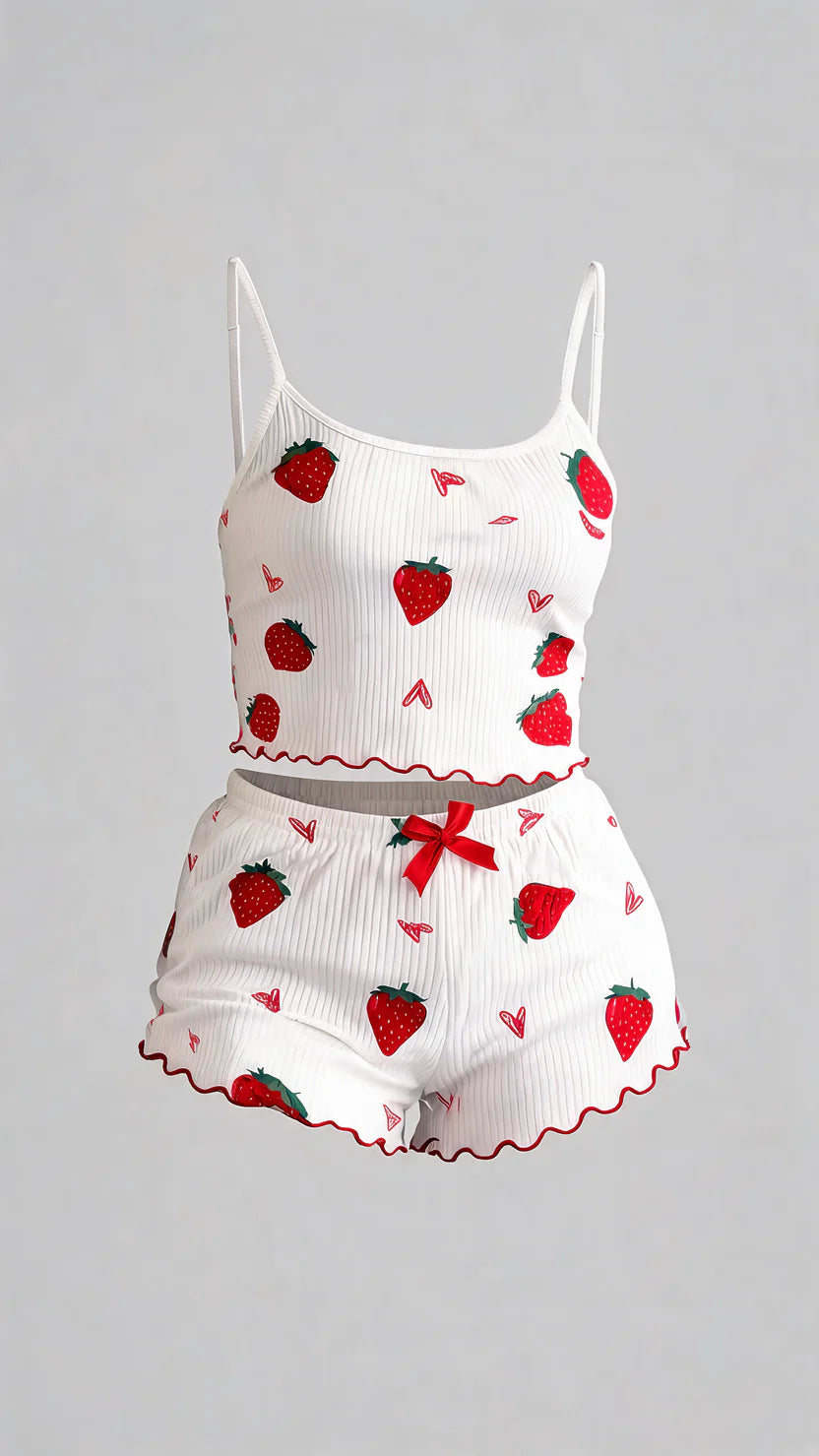 White Strawberry Ribbed Night Suit