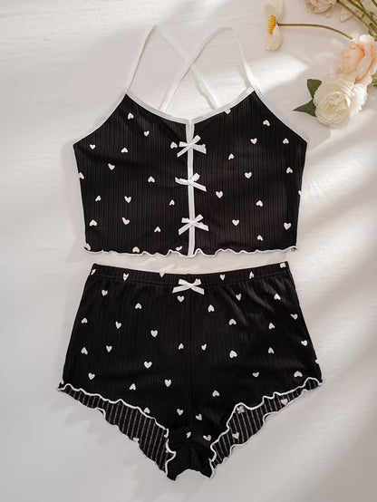 Black Heart Ribbed Short Set