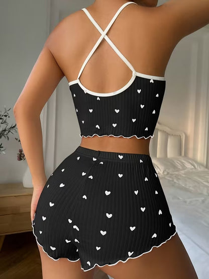 Black Heart Ribbed Short Set