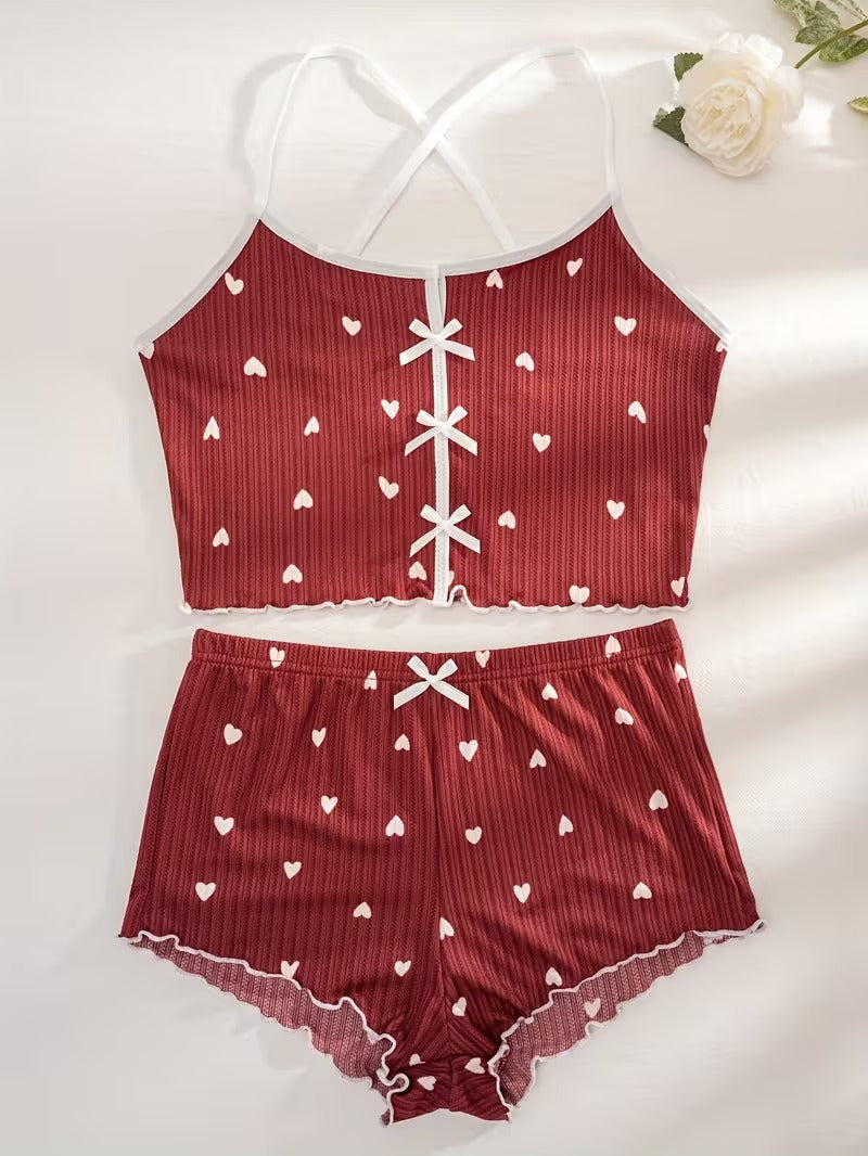 Brown Heart Ribbed Short Set