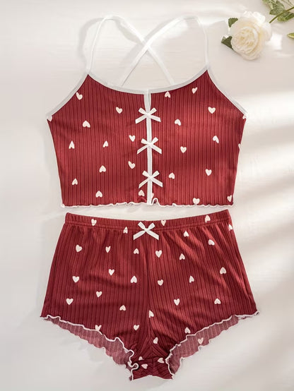 Brown Heart Ribbed Short Set