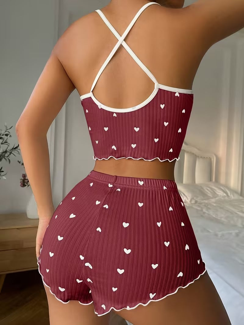 Brown Heart Ribbed Short Set
