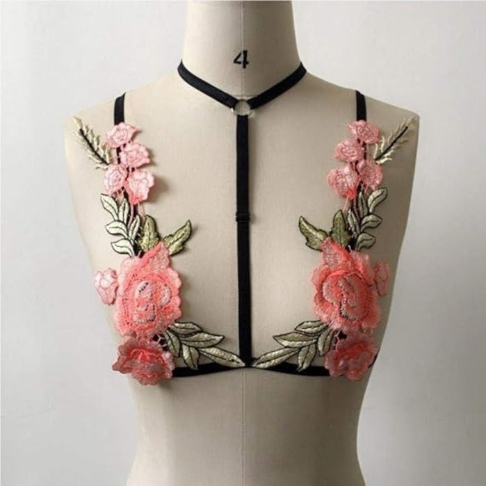 Floral Embroidered Strappy Lingerie Set